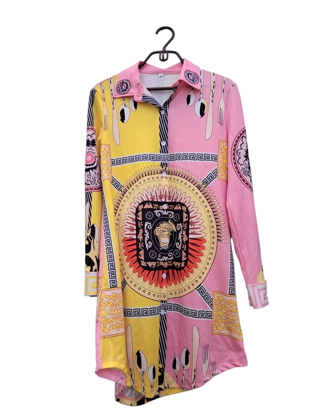 Women's Long Sleeve Pink & Yellow Medallion Shirt Dress